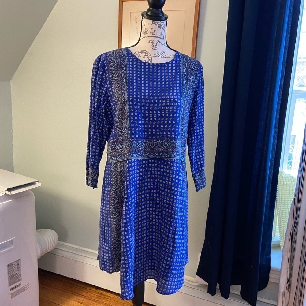MADEWELL | Blue Silk Ascot Grid Dress | Size M 3 quarter sleeve, side pockets